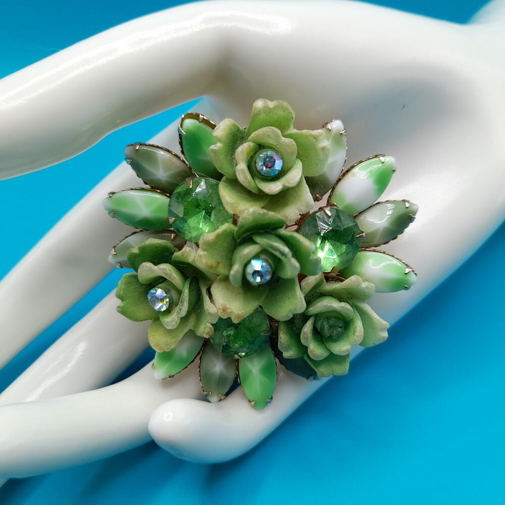 Vintage Celebrity Green Rhinestone Brooch Pendant, 1950s, 2 1/4 Inches